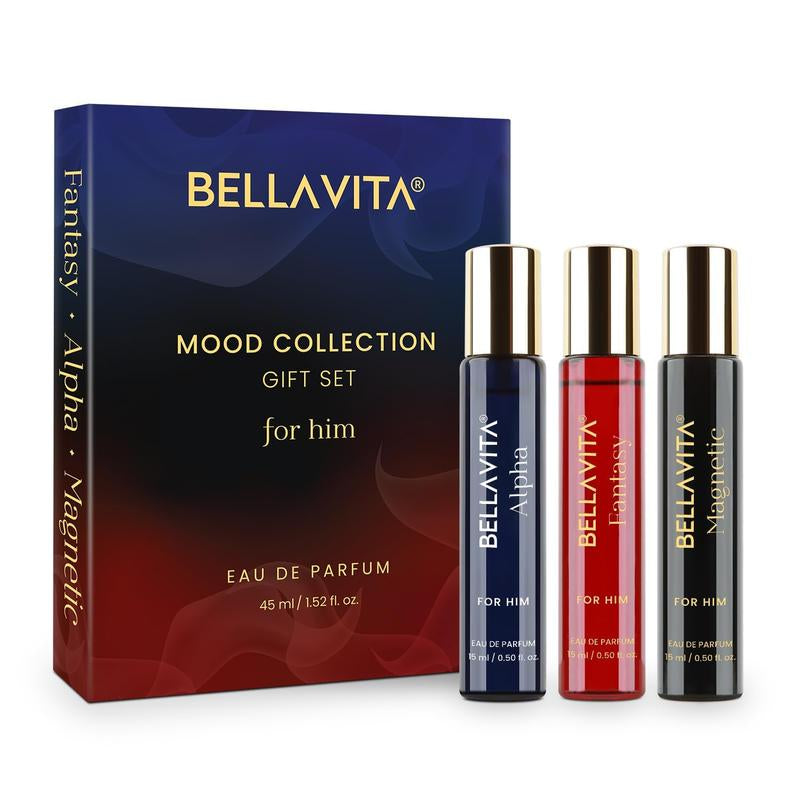 Bellavita Luxury'S Mood Collection Gift Set (3X15Ml) for Men | Pheromone Inspired Technology Long Lasting Fragrance | Includes Alpha, Fantasy & Magnetic Perfumes | Woody, Vanilla, Benzoin and Cedarwood