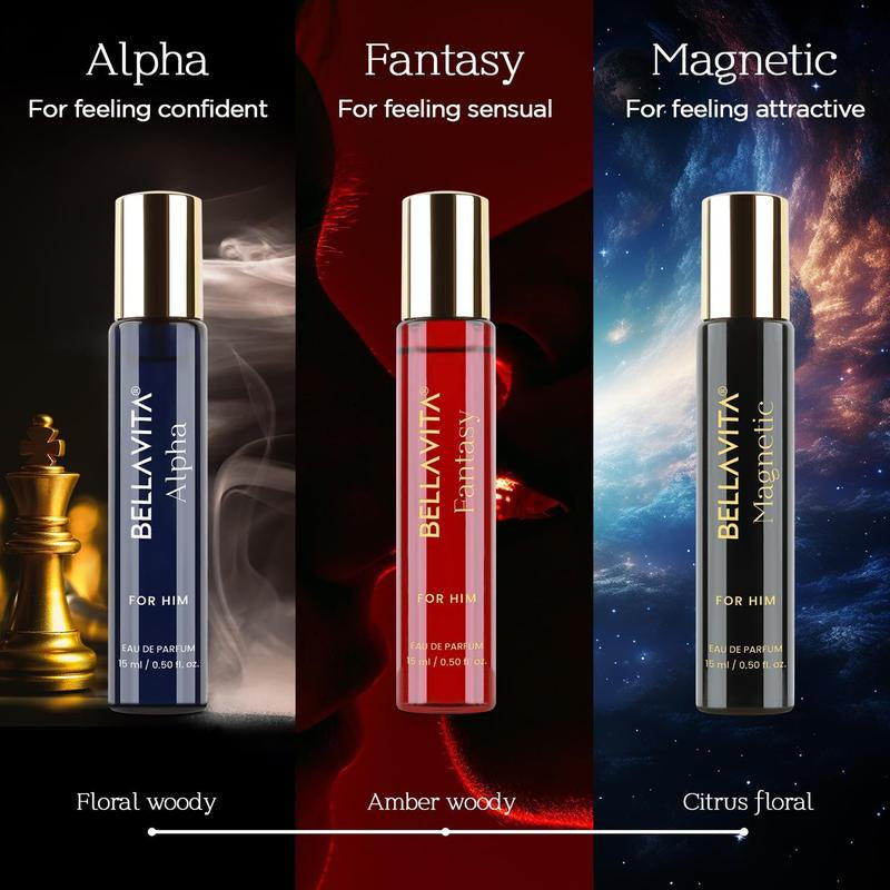 Bellavita Luxury'S Mood Collection Gift Set (3X15Ml) for Men | Pheromone Inspired Technology Long Lasting Fragrance | Includes Alpha, Fantasy & Magnetic Perfumes | Woody, Vanilla, Benzoin and Cedarwood